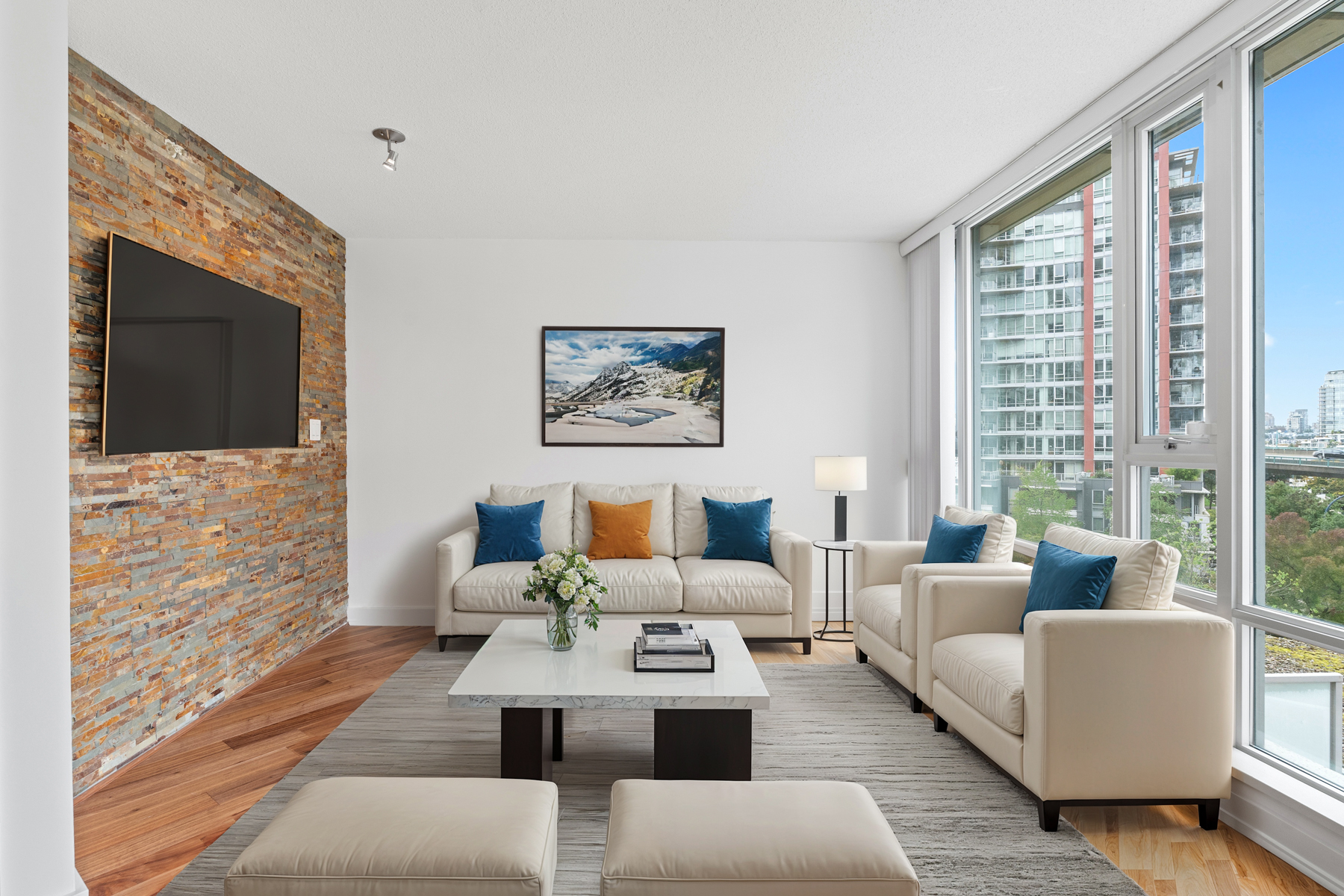 After virtual staging - furnished living room with modern decor